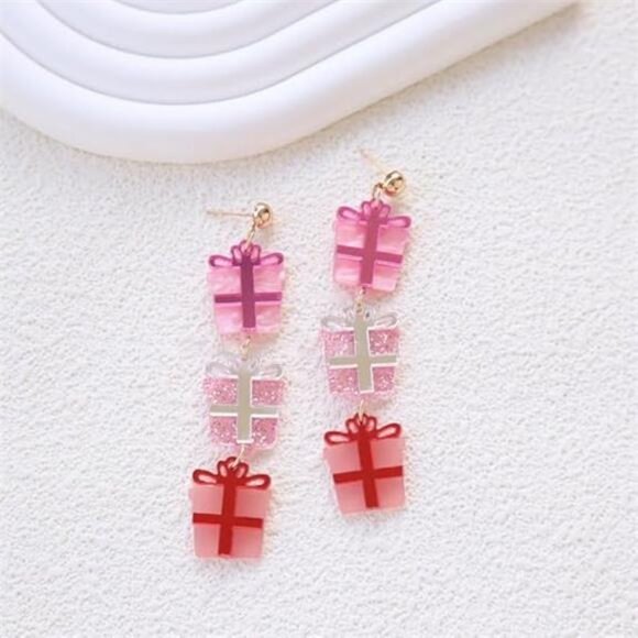 🎄 Pink Christmas Gift Box Earrings | Cute Holiday Dangle Jewelry | Festive Gift - Picture 1 of 6